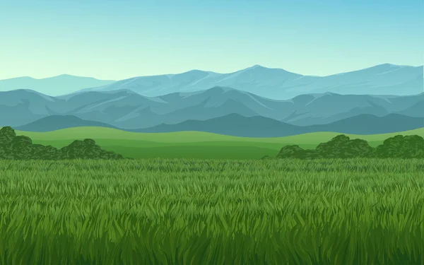 绿色的草地和天空 背景是群山 — 图库矢量图片