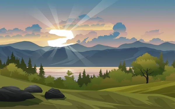 Coucher Soleil Avec Montagnes Collines Ciel Paysage Montagne Illustration Vectorielle — Image vectorielle