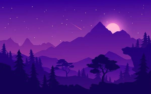 Nuit Dans Forêt Conifères Avec Montagne Lune Montante Étoiles — Image vectorielle
