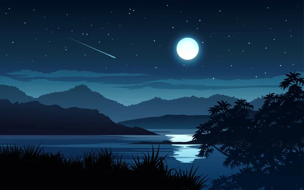 Escena Nocturna Con Luna Llena Brillante Lago — Vector de stock