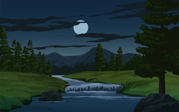 Νυχτερινή Σκηνή Κωνοφόρα Δάσος Τοπίο Βουνό Του Ποταμού Και Σεληνόφως — Διανυσματικό Αρχείο