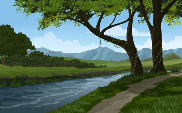 Απεικόνιση Ενός Όμορφου Τοπίου Λόφο Και Λίμνη — Διανυσματικό Αρχείο
