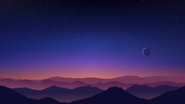 Geceleri gökyüzü ay ve yıldızlarla dolu sıradağların üzerinde