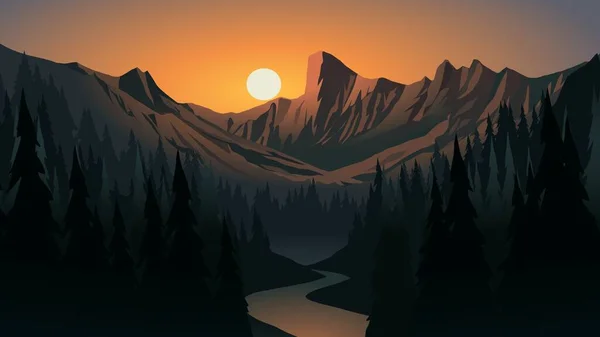 Vecteur Beau Paysage Montagne Forêt Avec Rivière — Image vectorielle