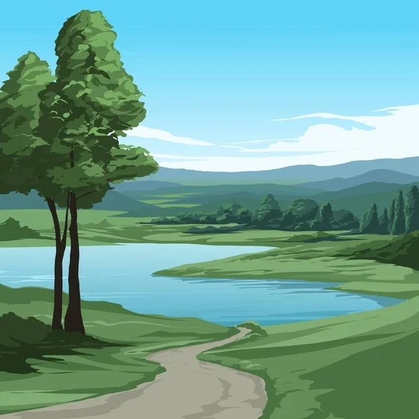 Paysage Naturel Vectoriel Avec Route Lac Montagne — Image vectorielle