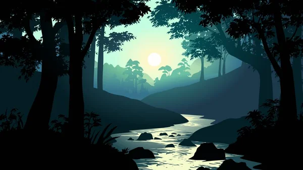 Nebeliger Morgen Schönen Wald Fluss Dschungel Sonnenaufgangslandschaft Wald — Stockvektor