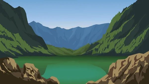 Ilustracja Krajobrazu Wektora Góry Jeziorem Skałami — Wektor stockowy