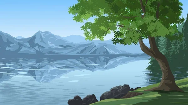Озеро Горные Пейзажи Деревьями Скалами Переднем Плане Векторный Пейзаж — стоковый вектор