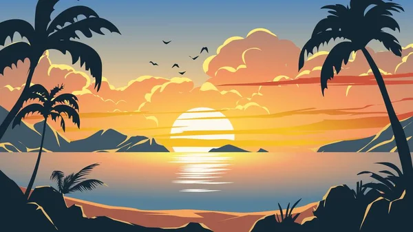 Vector Océano Puesta Sol Paisaje Colorido Paisaje Playa Tropical — Archivo Imágenes Vectoriales