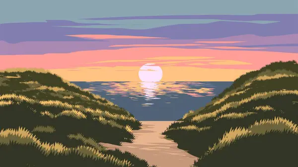 Beach sunset landscape with path leading toward the ocean