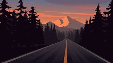 Boş yollar ve dağlarla gün batımı manzarası