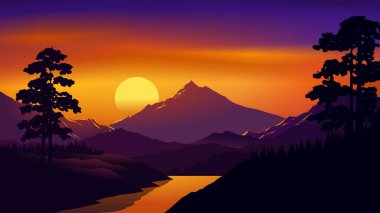 Dramatik dağ gün batımı illüstrasyonu. Çam ormanında nehir.