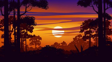 Renkli canlı gökyüzü ile güzel vektör ormanı silueti manzarası