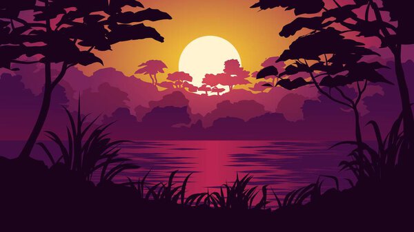 Vector forest sunset illustration with trees in silhouette