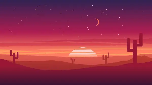 Flat design vector landscape with sunset over desert and starry sky