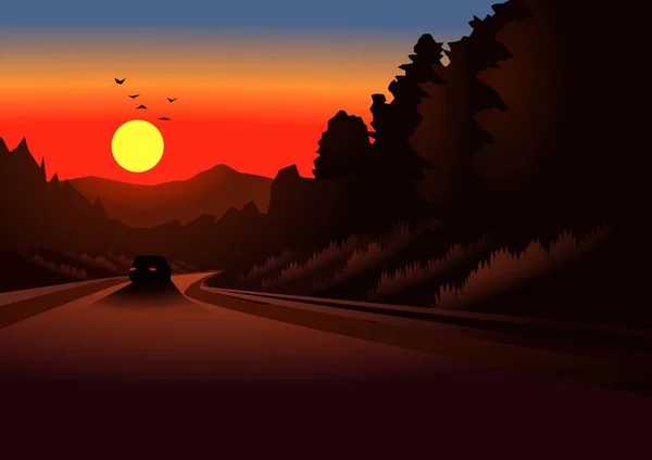 Car driving toward sunset. Vector landscape illustration