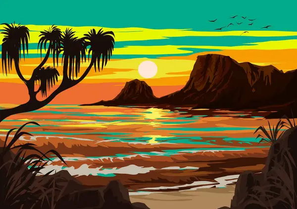 Vector illustration of beach sunset landscape