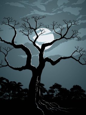 Karanlık bir arkaplanda bir ağacın vektör silueti