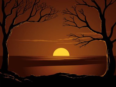 Gün batımlı bir ağacın silueti. vektör illüstrasyonu.