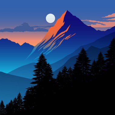 Alacakaranlıkta ay ve ormanla birlikte bir dağın parlaklığı