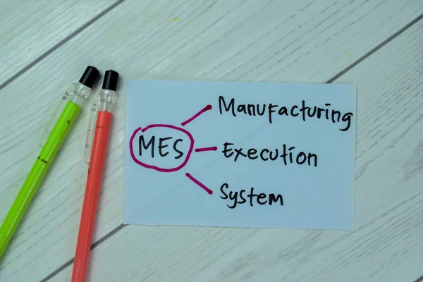 Koncepcja Mes Manufacturing Execution System Pisać Lepkich Notatek Izolowanych Drewnianym — Zdjęcie stockowe