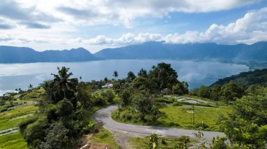 Aerial view of panorama of Maninjau Lake West Sumatra, Danau maninjau. sumatra, Indonesia, January 24, 2023