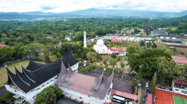 Aerial view of West Sumatra Grand Mosque. With modern architecture with the concept of traditional building. West Sumatra, Indonesia, January 25, 2023
