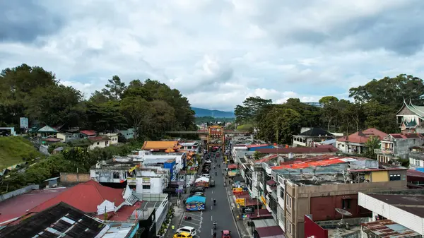 Aerial view of This bridge has a length of 90 metres and width of 3.8 metres connecting the fortress of Fort De Kock and Bukittinggi Zoo. Limpapeh bridge. Bukittinggi, Indonesia, January 25, 2023