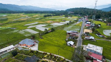 Aerial view of Terraced Green Rice Field in Bukittinggi, Sawah batipuh, west sumatra, Indonesia. Wonderful Indonesia. Bukittinggi, Indonesia, January 29, 2023