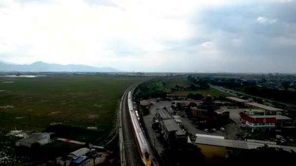 Aerial View High Speed Orange Train Railway Station High Speed — Stockvideo