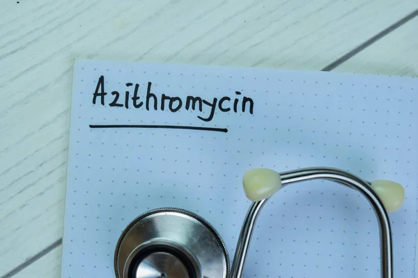 Concept Azithromycin Write Book Stethoscope Isolated Wooden Table — Foto de Stock