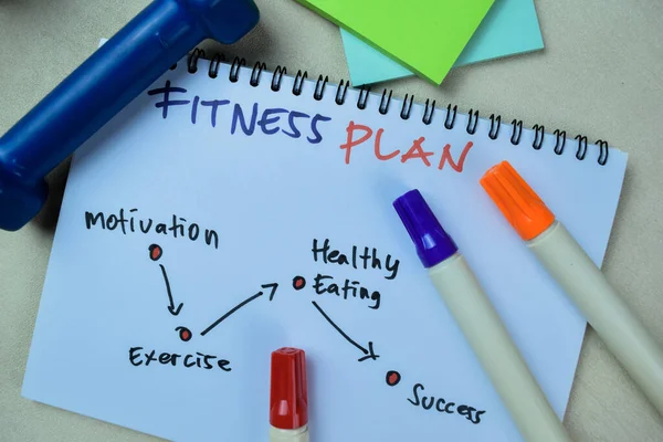 Concept of Fitness Plan write on book with keywords isolated on Wooden Table.