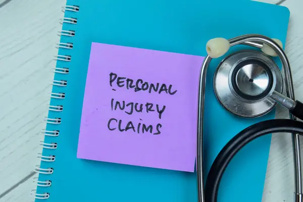 Concept of Personal Injury Claims write on sticky notes with stethoscope isolated on Wooden Table.