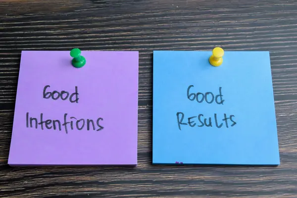 Concept of Good Intentions or Good Results write on sticky notes isolated on Wooden Table.