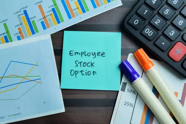 Concept of Employee Stock Option write on sticky notes isolated on Wooden Table.
