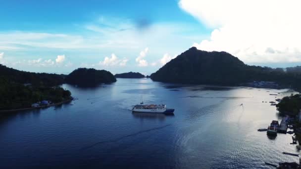 Aerial View Indonesia National Flag Pelni Ship Passing Strait Surrounding — Stock Video
