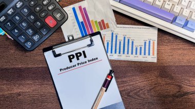 PPI kavramı - Yapımcı Fiyat İndeksi Tahta Masa 'da izole edilmiş evraklar üzerine yazar.