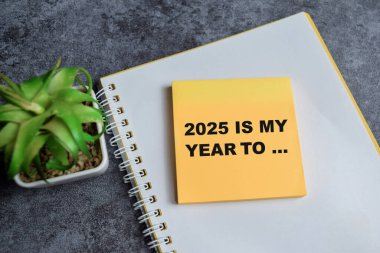 2025 kavramı, Tahta Masa 'ya izole edilmiş yapışkan notlar yazmak için benim yılım..