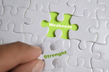 Elle tutulan yapboz parçasında kelime gücü ve zayıflık var. İş ve finans kavramı