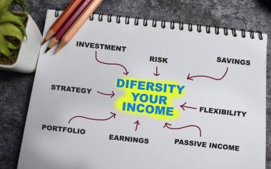 Çeşitlilik kavramı. Geliriniz, tahtadan masa üzerine izole edilmiş keyordlar ile kitaba yazılır..