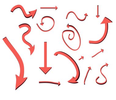 Çeşitli şekil ve yönlerdeki kırmızı üç boyutlu okların vektör görüntüleri. Yuvarlak, kıvrımlı ve düz oklar beyaz arka planda. Resimler ve web siteleri için simgeler