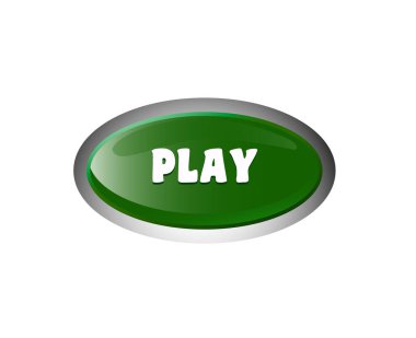 Beyaz arkaplandaki yeşil oval düğmenin 3 boyutlu görüntüsü. Düğmede oynat yazıyor. Web siteleri ve simgeler için uygulanabilir, bilgisayar oyunlarının çizimleri