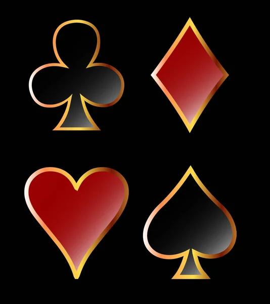Κοστούμια Καρτών Σπαθί Διαμάντια Καρδιές Και Μπαστούνια Μαύρο Φόντο Χρυσή — Διανυσματικό Αρχείο