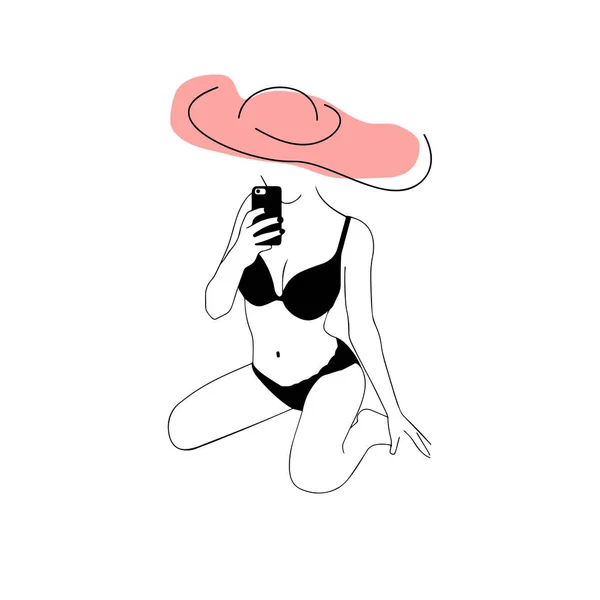 Şapkalı Bir Kız Telefonlu Bir Mayo — Stok Vektör