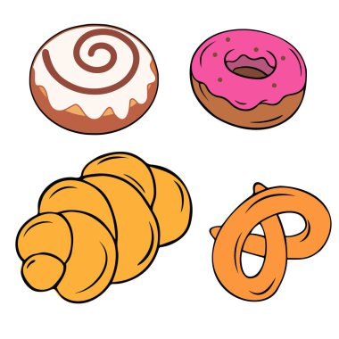 Beyaz arka planda hamur işi, çörek, çörek ve kruvasan.