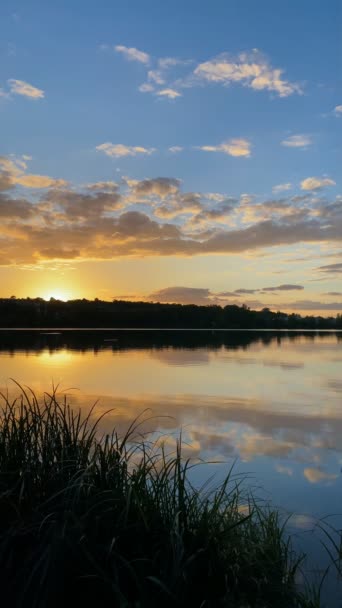 Симметрия Неба Облаками Озере Закат Восход Солнца Травой Перед Водой — стоковое видео