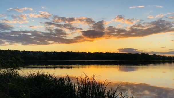Симметрия Неба Облаками Озере Закат Восход Солнца Травой Перед Водой — стоковое видео
