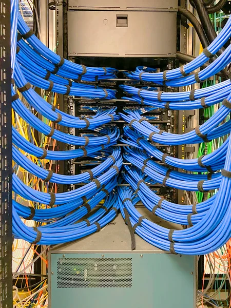 Copper cable infrastructure mounted in IT equipment cabinet. Cat 6 VTP cables routed to the patch panels