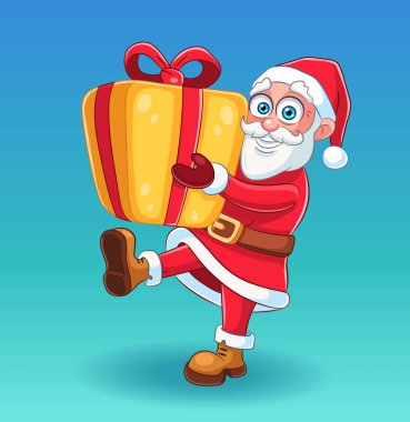 Noel Baba karakteri çizimi. Noel Baba 'nın hediye kutusuyla gülümsemesinin Noel vektörü çizimi