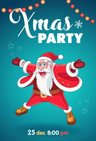 Noel Baba çizgi filmindeki Noel Baba karakteriyle Noel partisi davetiyesi. Gülümseyen ve zıplayan Noel Baba 'nın temsilcisi. Noel partisi posteri